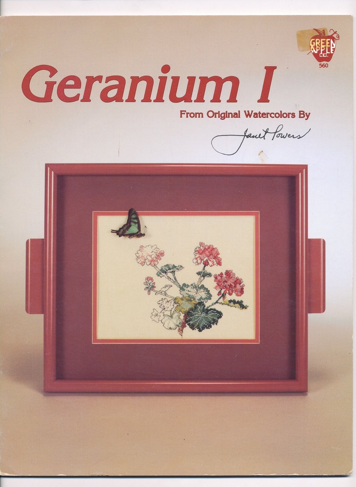 Green Apple GERANIUM I Cross Stitch Leaflet Watercolors by Janet Powers flowers