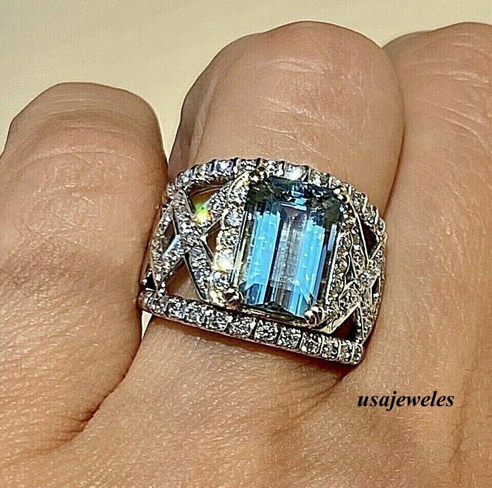 3.55CT Emerald Cut Real Aquamarine Huge Wedding Jewelry Ring 14K 2-Tone Gold FN