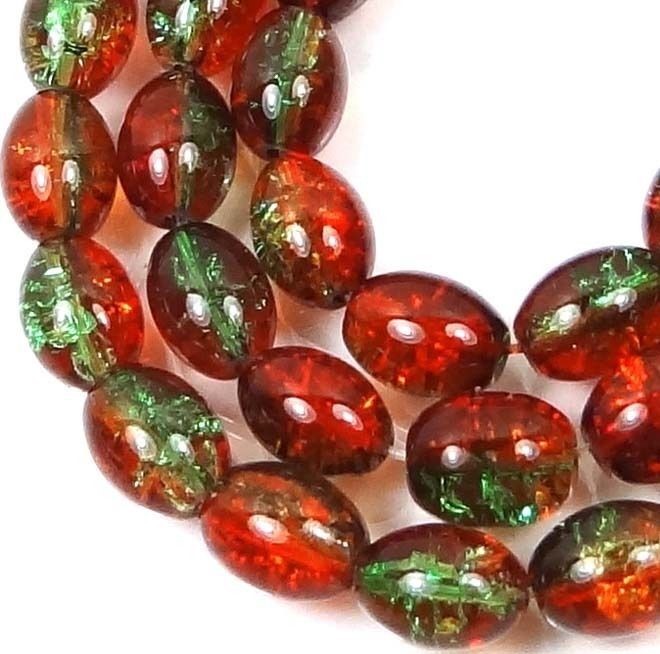 8x6mm Czech Glass Crackle Cracked Barrel Rice Beads – Green / Amber (50) 16″