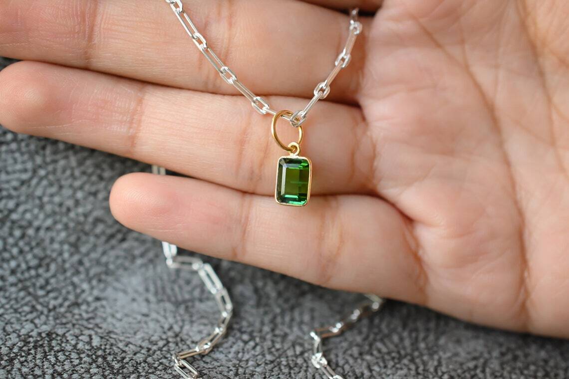 Green Tourmaline 18k Solid Gold Step Cut Charm Pendant Necklace Handmade Pendent