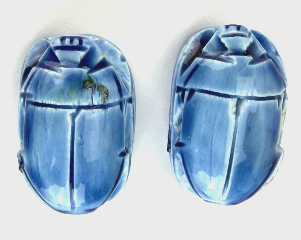 (Lot of 2) Vintage Egyptian Carved Scarab Amulet Beads 2 in Glazed Ceramic Blue