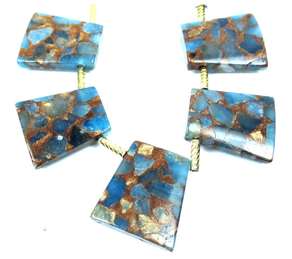 28mm Aquamarine Quartz with Pyrite /Gold Vein Ladder Trapezoid Pendant Beads (5)