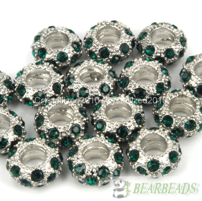 Big Hole Crystal Rhinestone Pave Pewter Rondelle Spacer Beads Fit European Charm