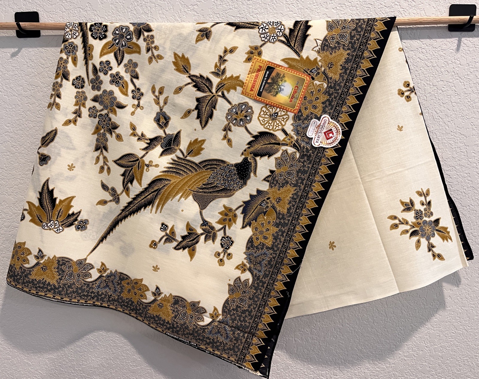 Indonesian Cotton Batik Fabric Cream Green Brown Birds And Floral Theme