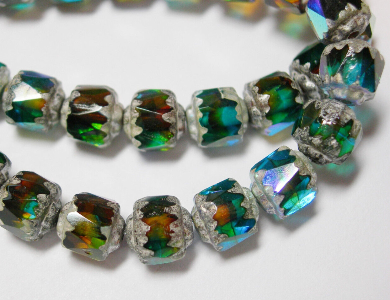 20 Capri Blue Gold AB with Silver Cathedral Czech Glass 6mm beads
