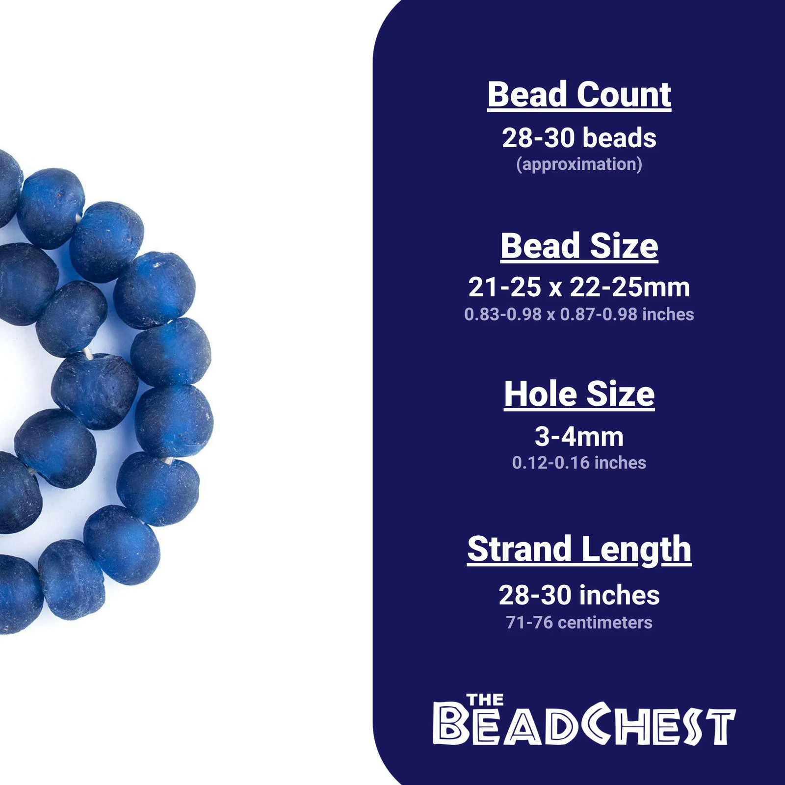 Jumbo Blue Recycled Glass Beads 26mm Ghana African Sea Glass Round Large Hole