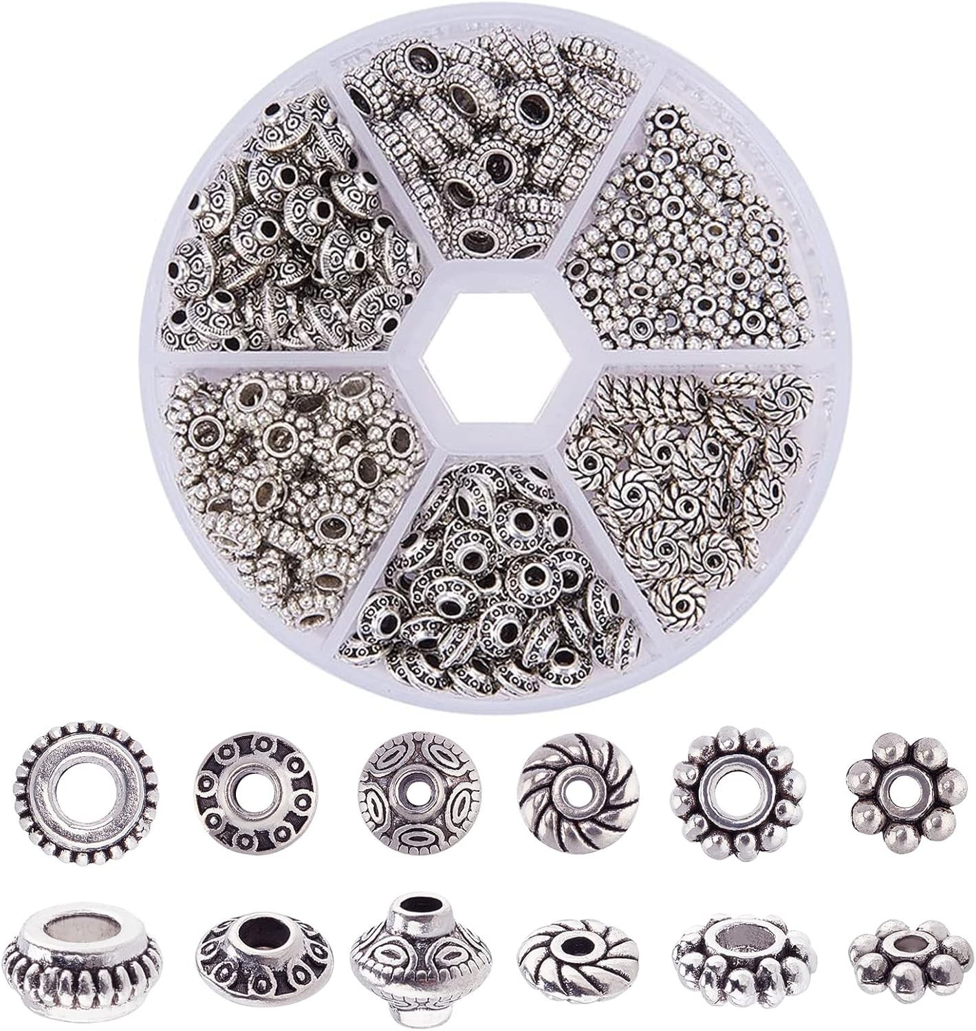 300pcs Antique Silver Spacer Beads 6 Style Tibetan Metal Beads Jewelry Making