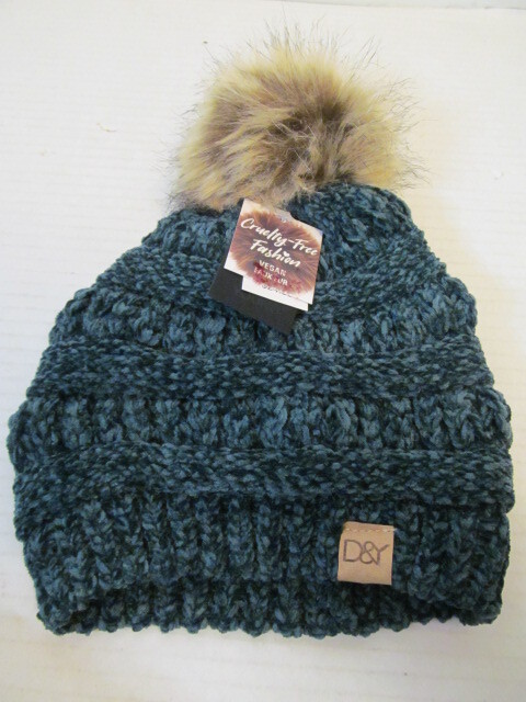 David & Young Cruelty-Free Vegan Faux Fur Knit Hats, Burgundy, Green or Black