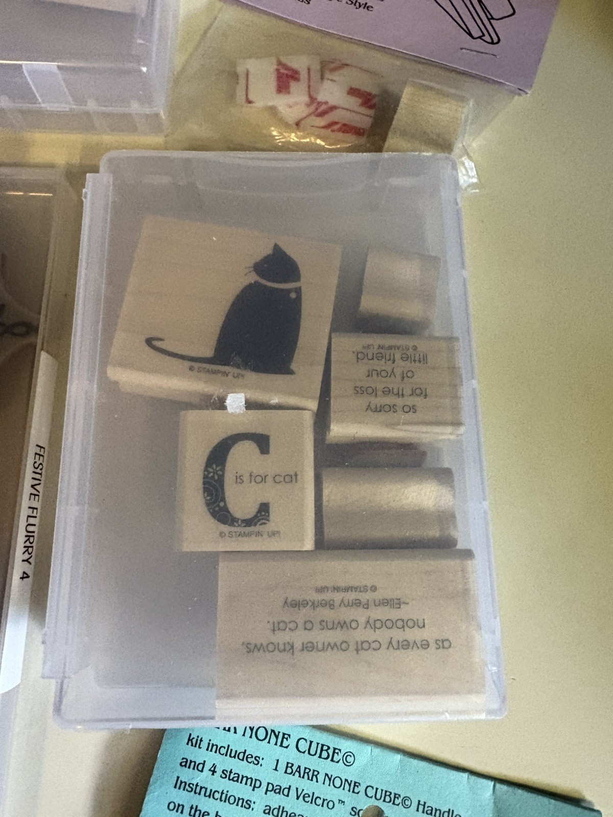 38 Assorted Rubber Stamps With 4 None Cubes, 3 Color Box Ink Cubes. **See Pics
