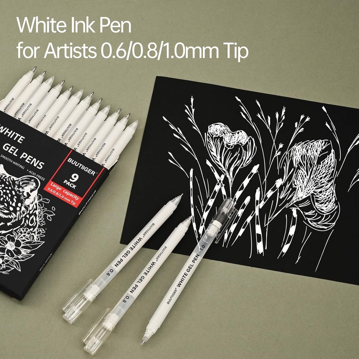 BUUTIIGER White Gel Pens – 0.6/0.8/1.0mm Fine Point Opaque White Archival Ink