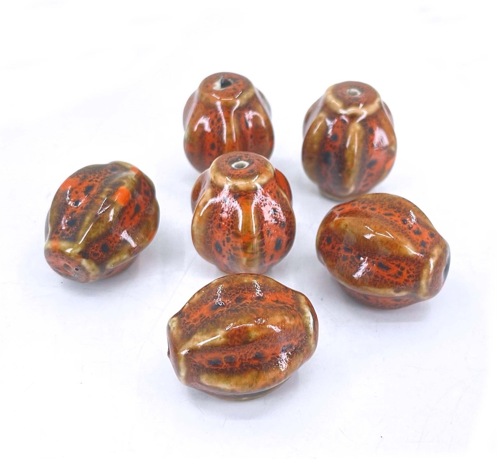 4 large Fancy Antique Glazed Clay Porcelain Ceramic Orange Pumpkin Melon Beads