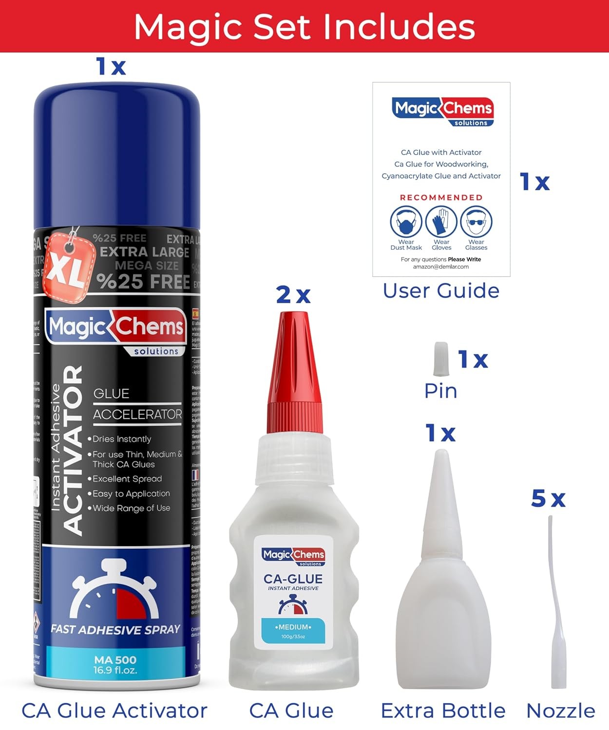 Magic Chems CA Glue with Activator (2 x 3.5Oz + 16.9 Fl Oz Activator)