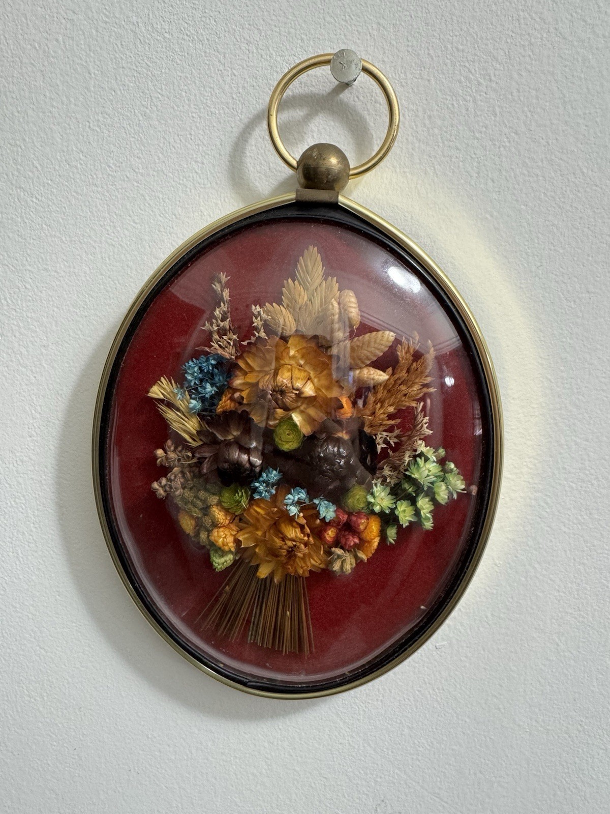 2 Vintage CideArt Convex Domed Oval Wall Art Dried Flowers 8.5″ X 6.5” MCM