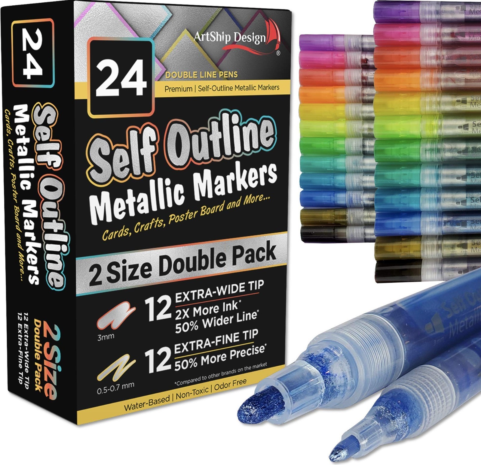 24 Metallic Self-Outline Markers – Extra Fine & Medium Tip Paint Pens for DIY Cr