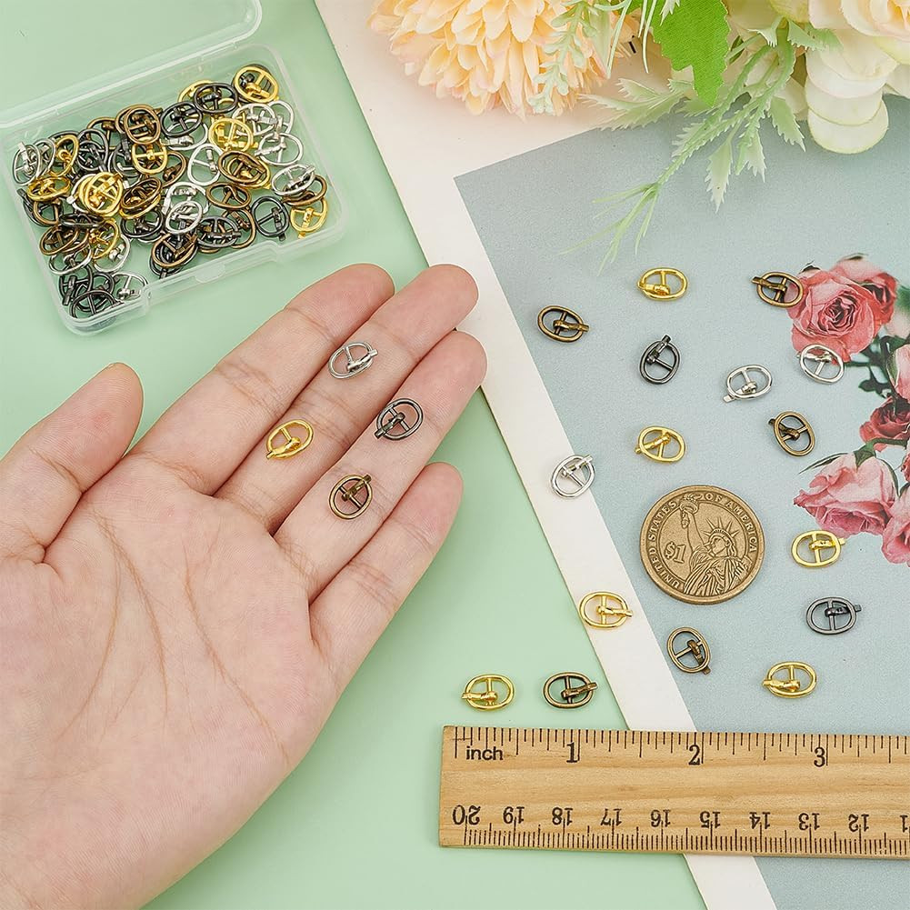 80 PCS Tiny Oval Alloy Buckle for Doll Making 0.4X0.31Inch 4 Color Mini Metal Ro