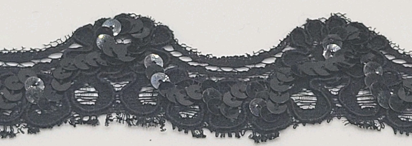 Vintage 1 1/2″ Scroll Black Sequin Lace Trim Corded 6 Continuous Yards