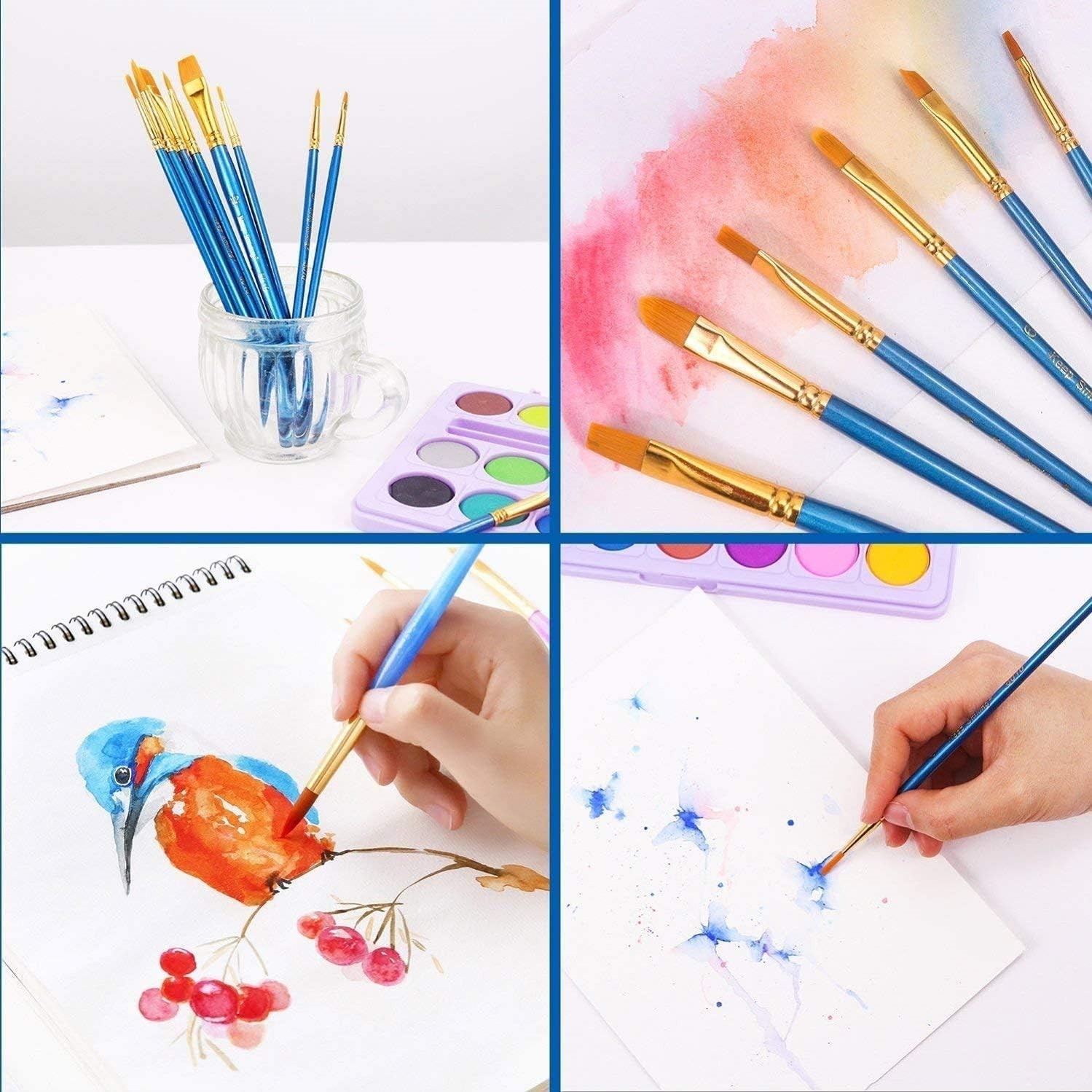 10Pc Acrylic Paint Brush Set Nylon Hair Brushes for Oil Watercolor Art Artist