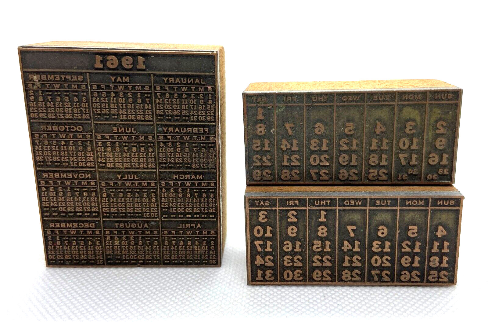 3 Old Block Stamps Calendars 2-Month 1- Year 1961 Vintage Collectible Metal Wood