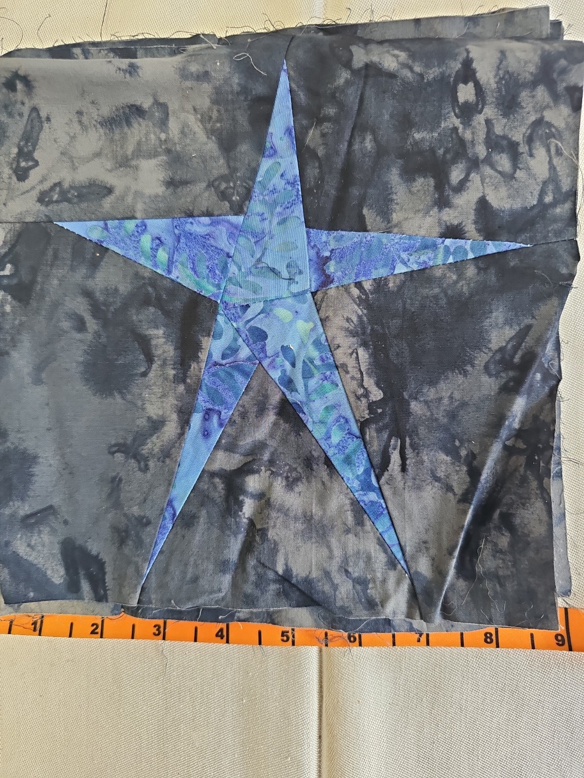 Set of 6 Machine Sewn Quilt Squares 8X8 Black Tie-Die Bold Stars Colors New