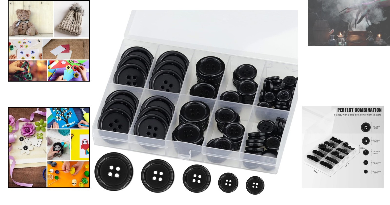 100 Pcs Eco-Friendly Black Resin 4-Hole Sewing Buttons, 5 Sizes, Organizing Box