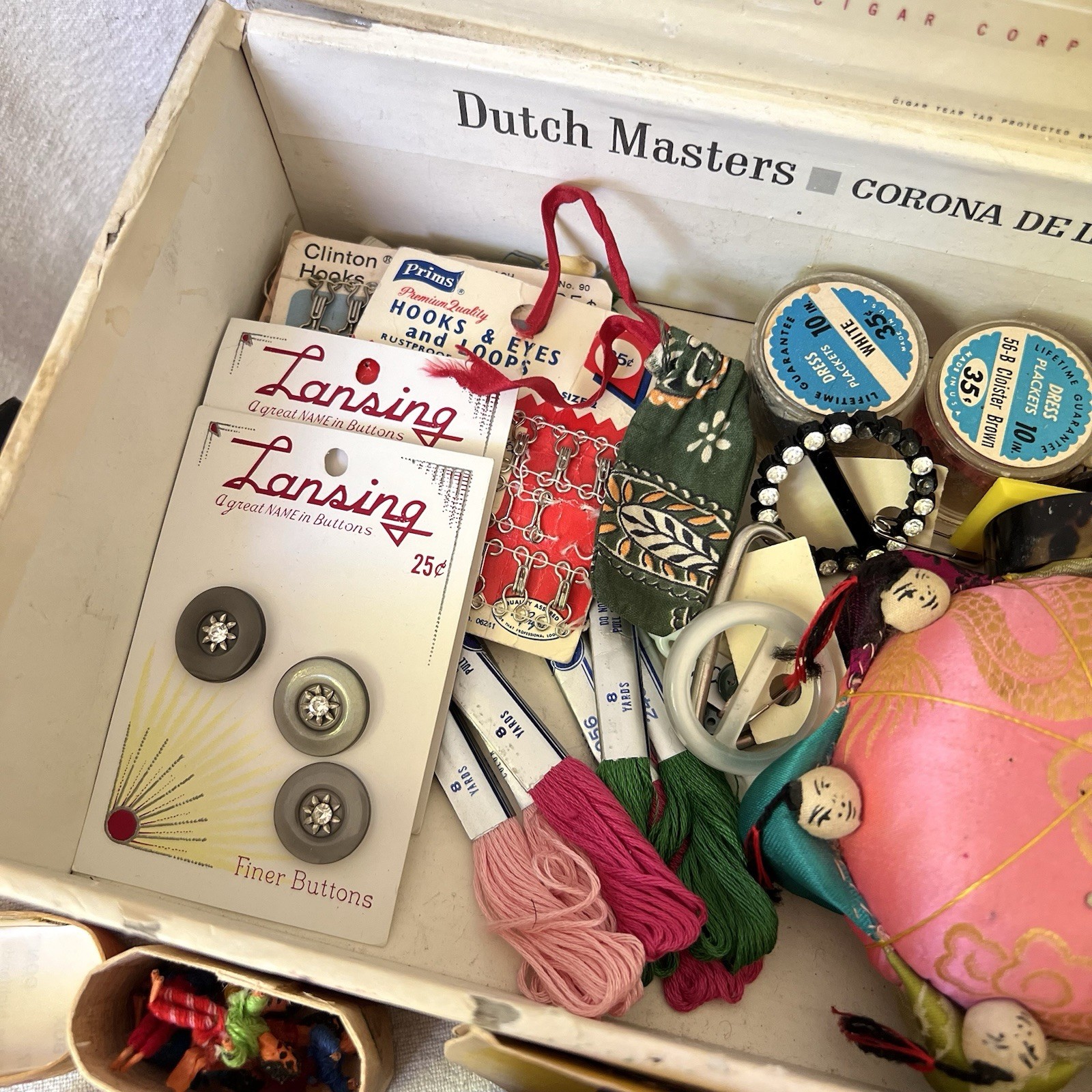 Vintage Sewing Kit / Junk Drawer / Trinket Box Dolls Pin Cushion Notions Buttons