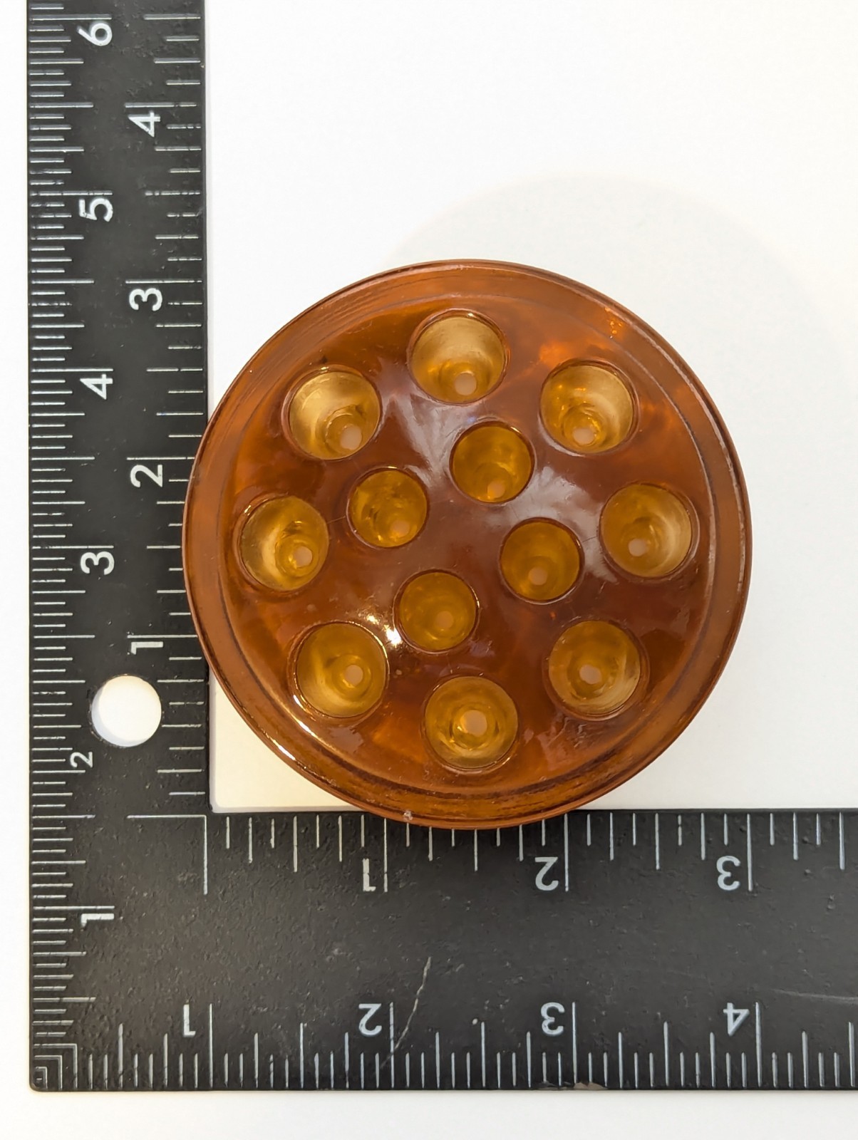 Vintage Amber Glass Flower Frog 16-Hole 3.75″ Pressed Glass Dome Vase Insert
