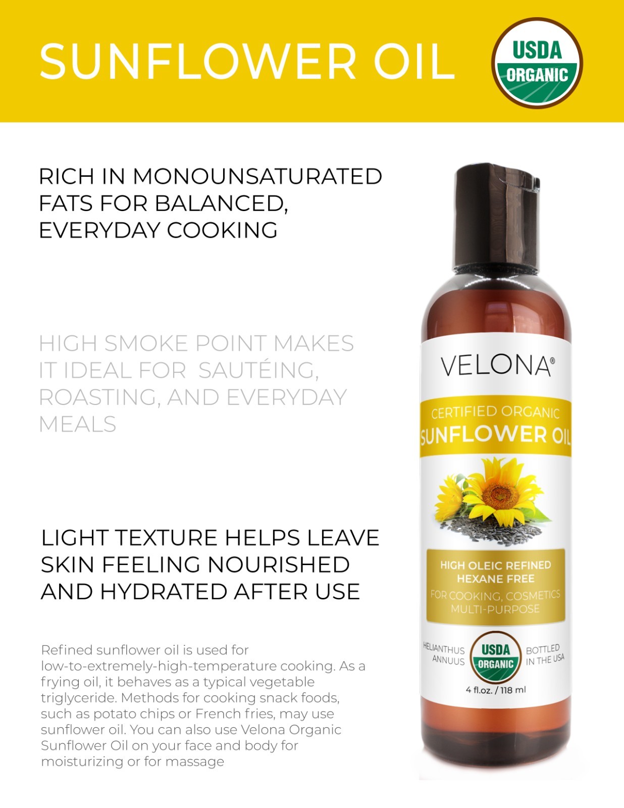 Velona USDA Certified Organic Sunflower Oil – 4 oz 100% Pure High Oleic Refined
