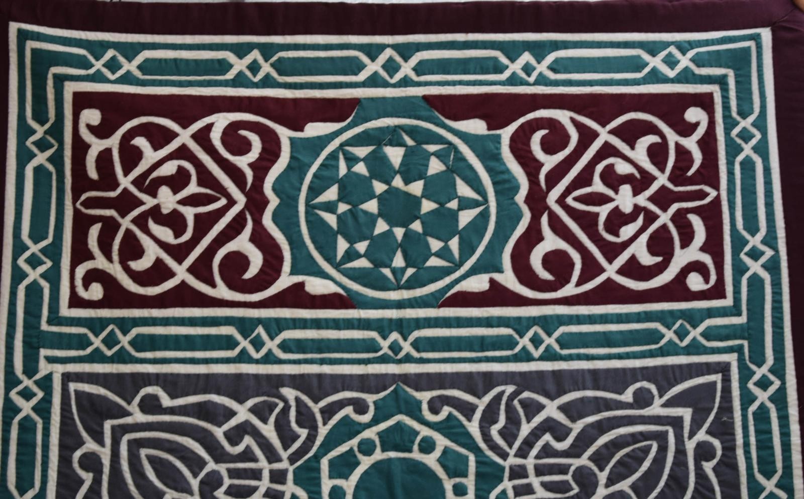 Egyptian Khayamiya Patchwork Wall Hanging Tapestry Maroon Green Star Medallion