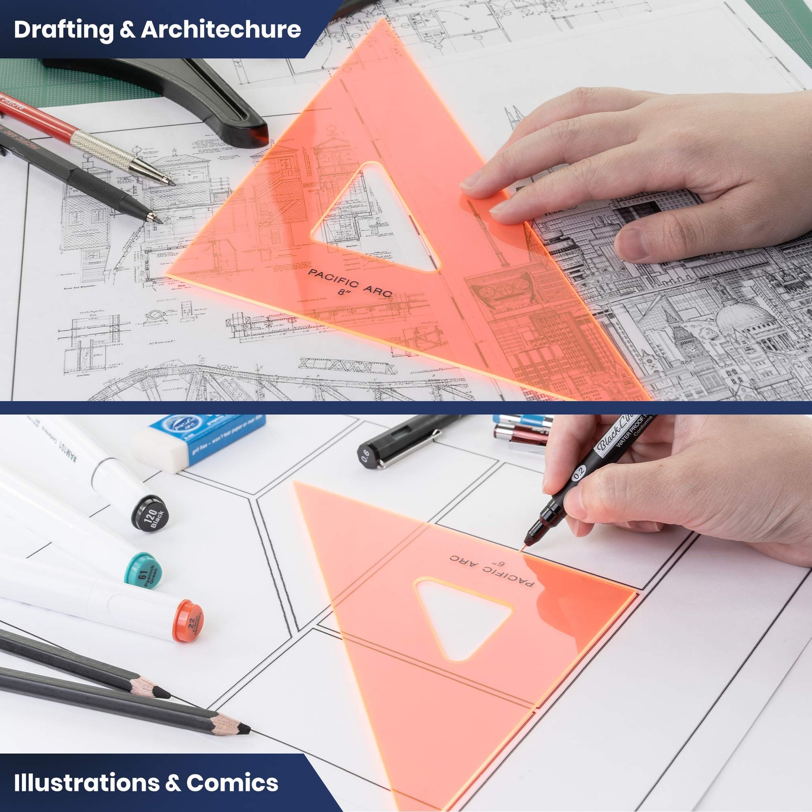 Pacific Arc Drafting Triangle, 16-in, 45/90 degrees, Fluorescent Orange