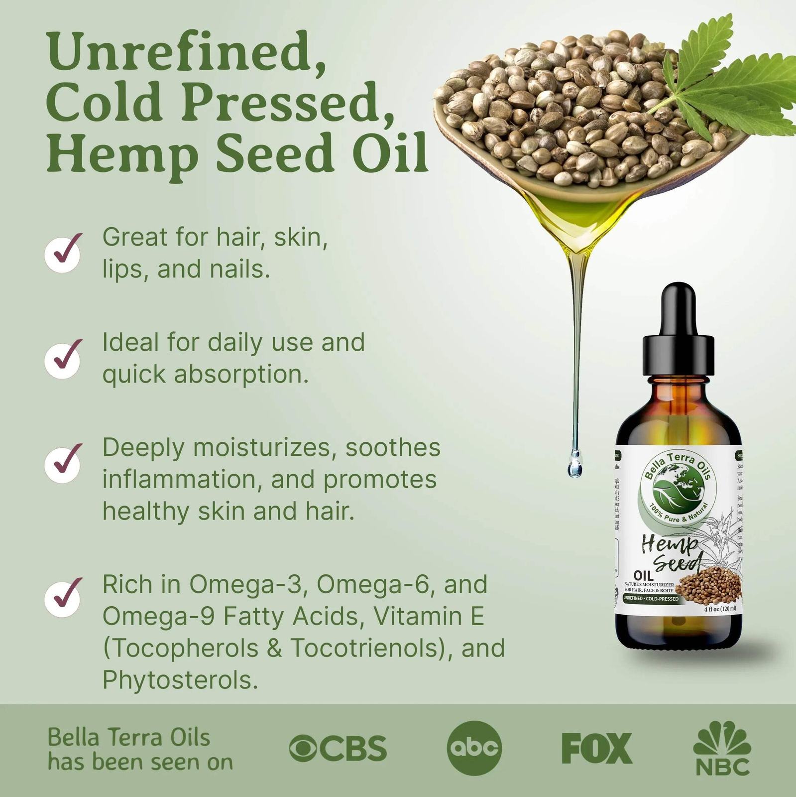 Hemp Seed Oil: Cold-Pressed, Natural, Perfect for Skin, Hair, Wellness