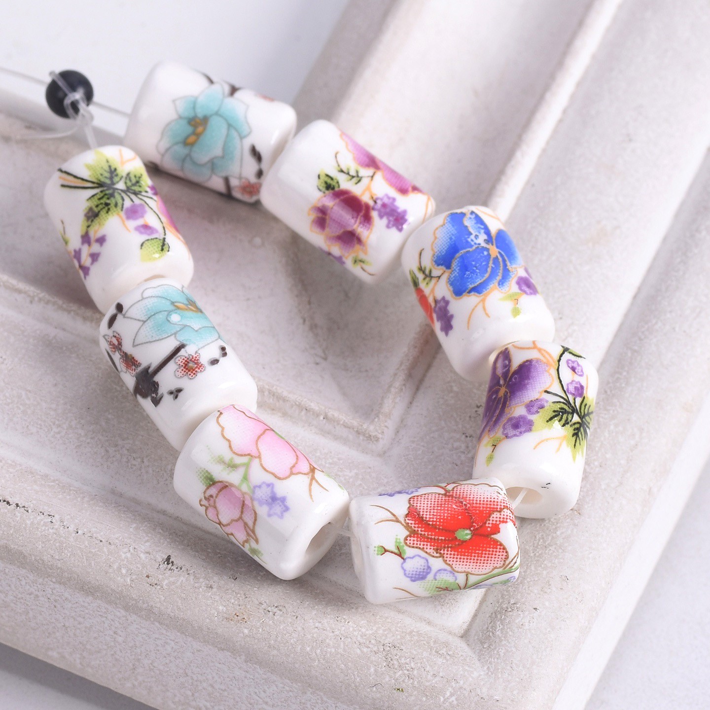10pcs 12x9mm Cylinder Shape Flower Painting Ceramic Porcelain Loose Beads