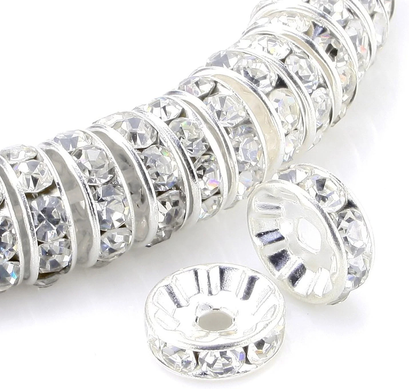 Allb 100Pcs Rondelle Spacer Beads 8mm Silver Plated Czech Crystal Rhinestone for