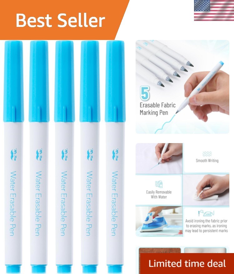 Fabric Markers for Sewing, 5 Pack, Blue, Erasable, Water Soluble Fabric Marke…