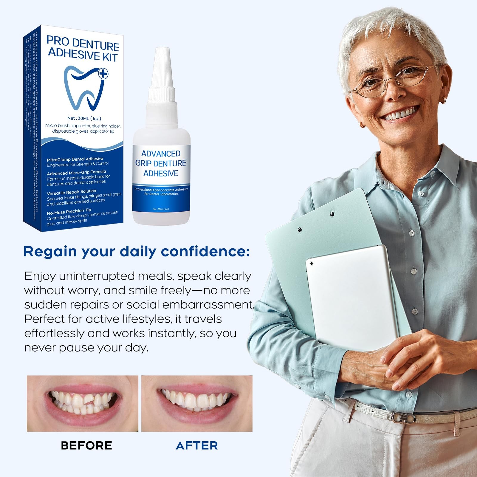 Dental Lab Instant Bonding Glue for Dentures & Tools – 1oz (30ml), Clear