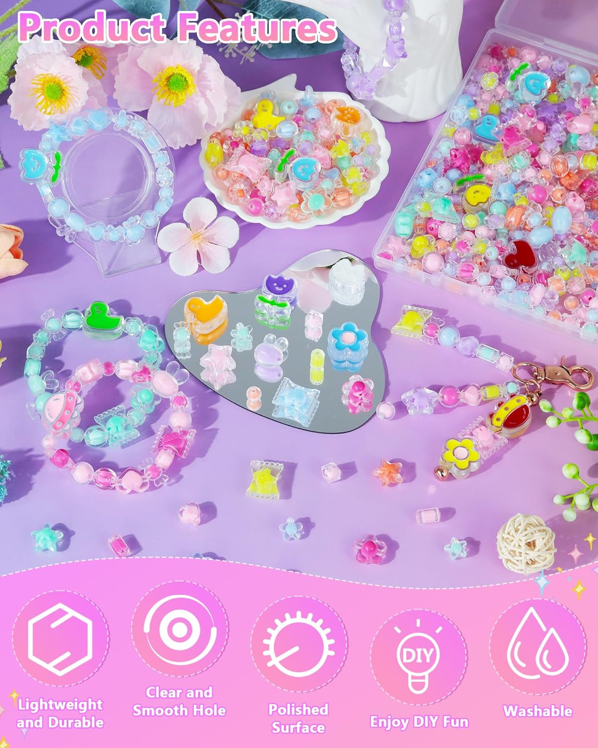 350PCS Cute Acrylic Beads for Bracelet Making – 7 Colors Kawaii Aesthetic Kandi
