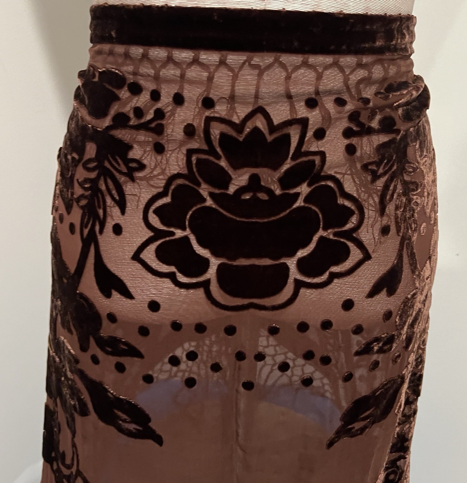 Brown Silk Chiffon Velvet Burnout Scarf 40”x40” Wide