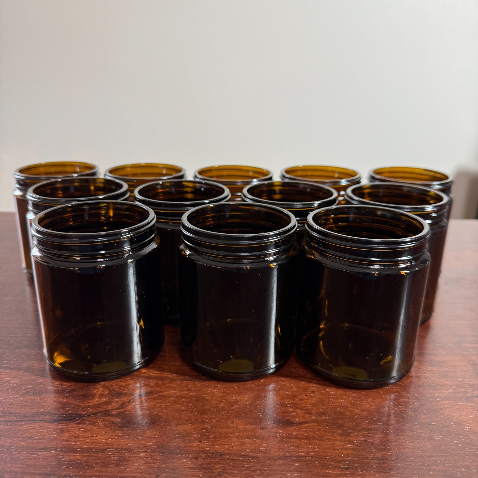 Amber Glass Round Candle Container 9 Oz Glossy 12 Pack Case W/ Tin Lids