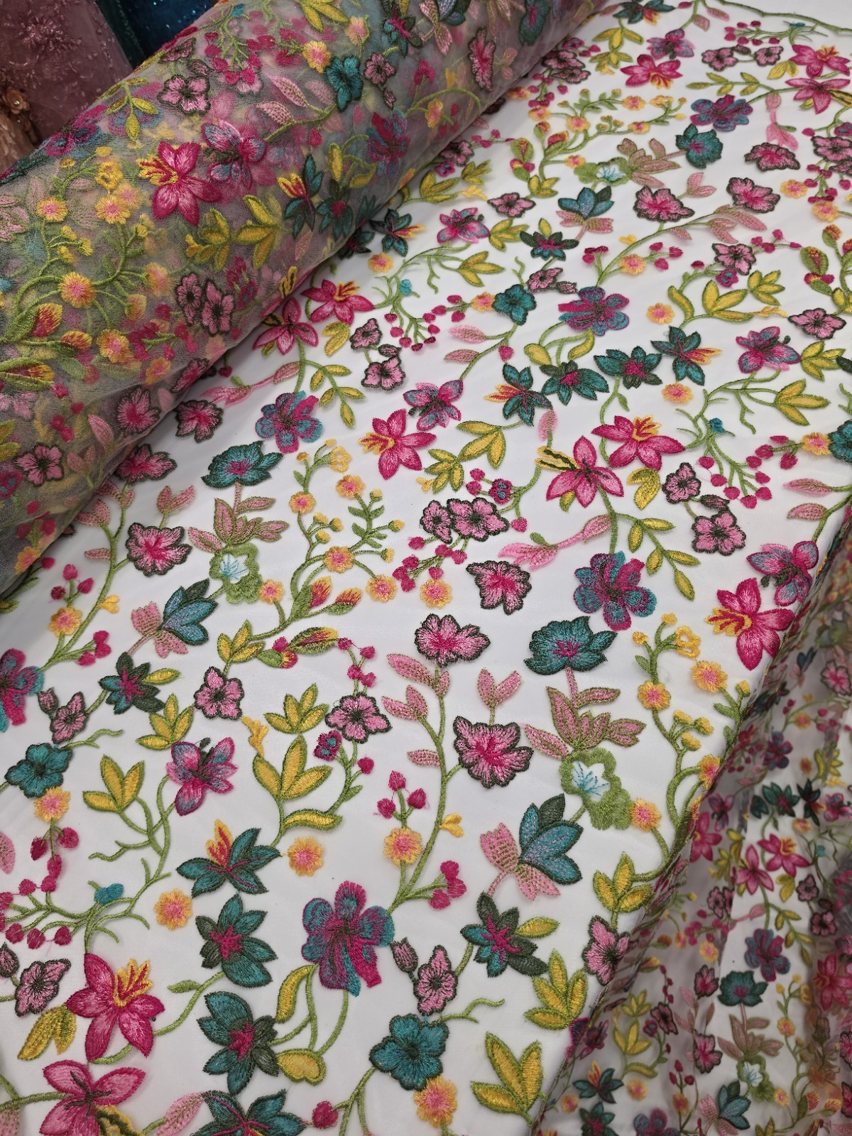 Fabric By The Yard Multicolor Lace Pink Fuchsia Embroidery Flowers On White Mesh