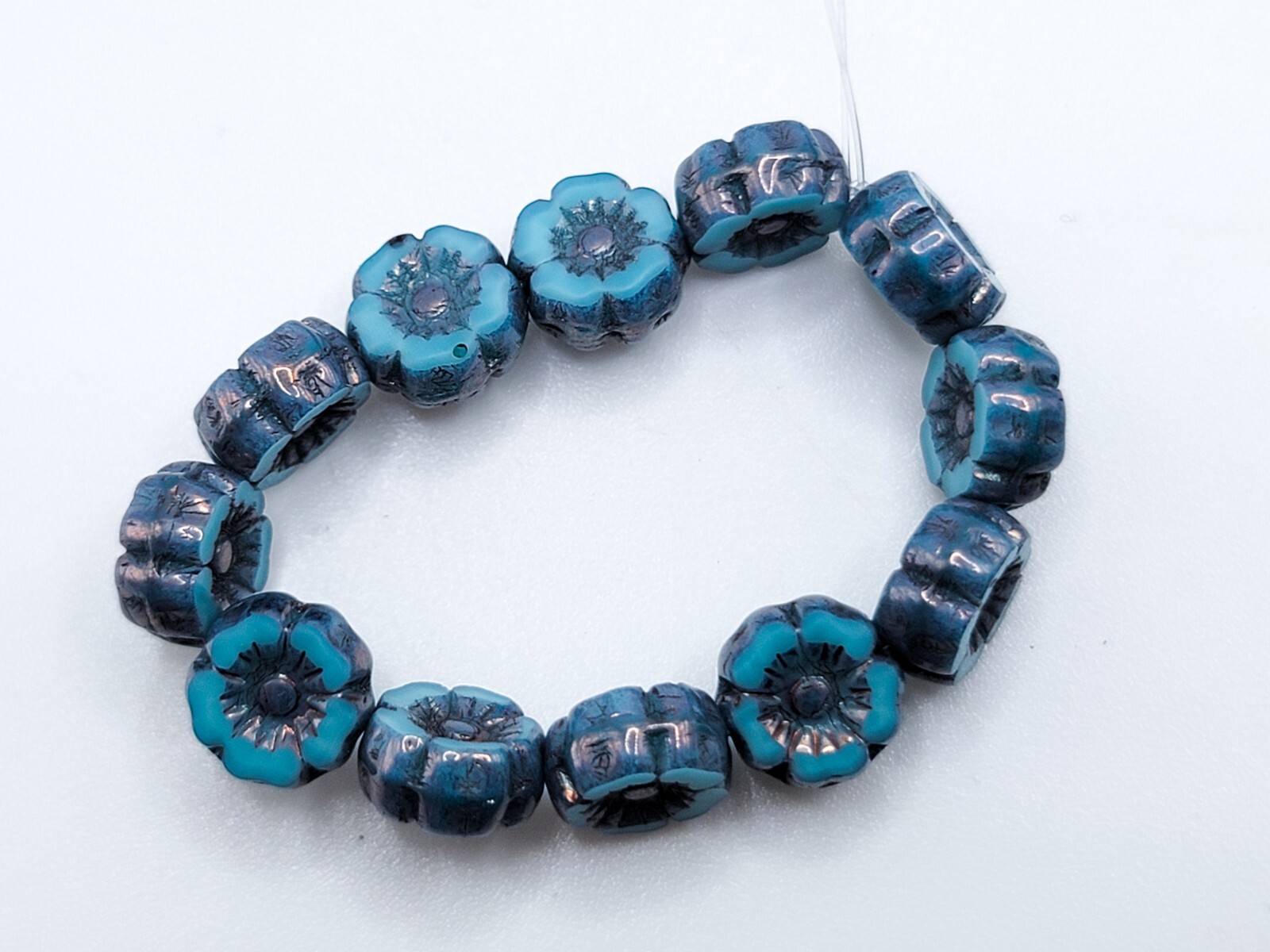 Hibiscus Uranium Glass Beads 7mm Blue Silver Wash Pressed Glass 12pcs