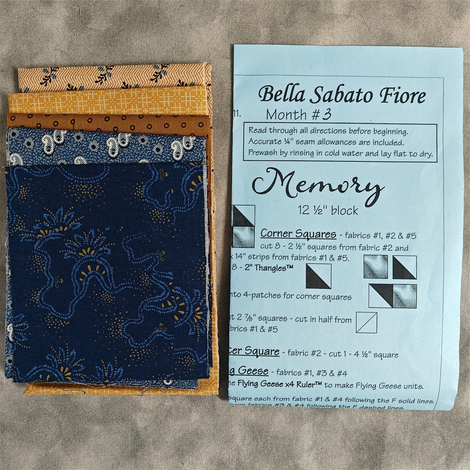 Bella Sabato Fiore BOM Month 3 ‘Memory’ Quilt Block Kit 12.5″ Precut Fabric