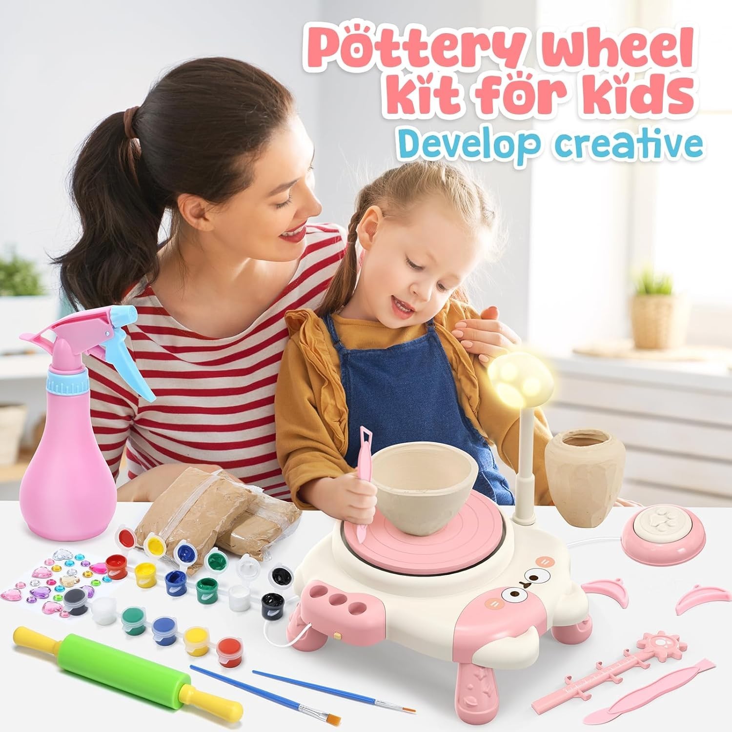 Complete Pottery Wheel Kit for Kids Ages 6-12 – Light, Clay & Painting Extras