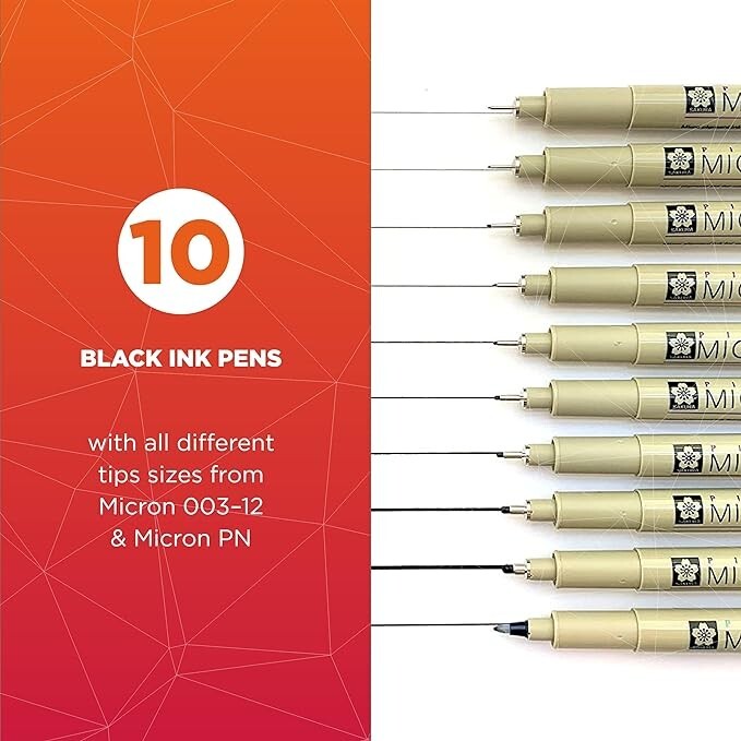 SAKURA Pigma Micron PN Black Fineliners – NEW 10 Pack Assorted Sizes -FAST Ship!