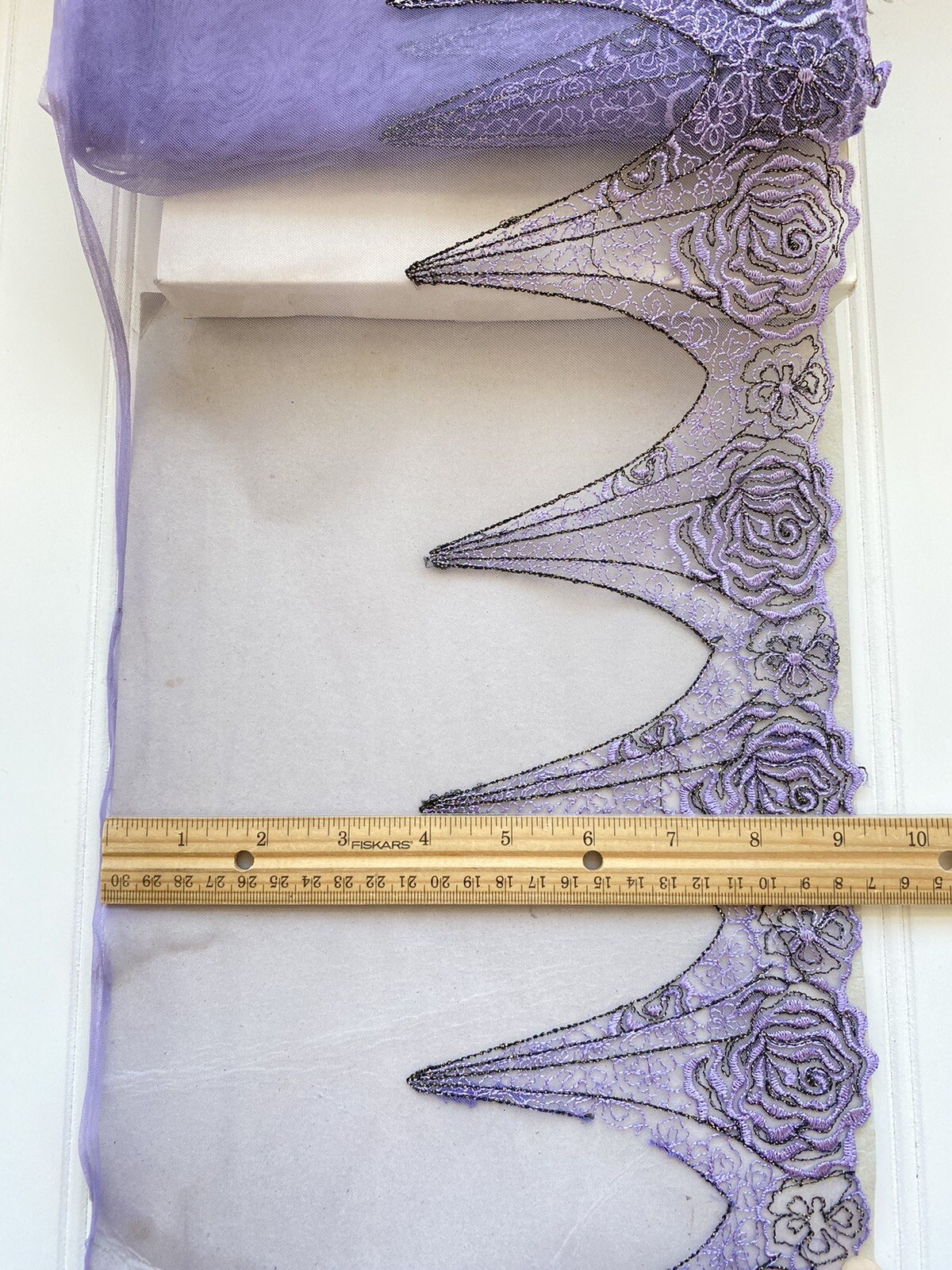 Flaw–2 Yds Embroidered Trim with Pastel Purple Tulle Base/Sewing/Crafts/9″ Wide
