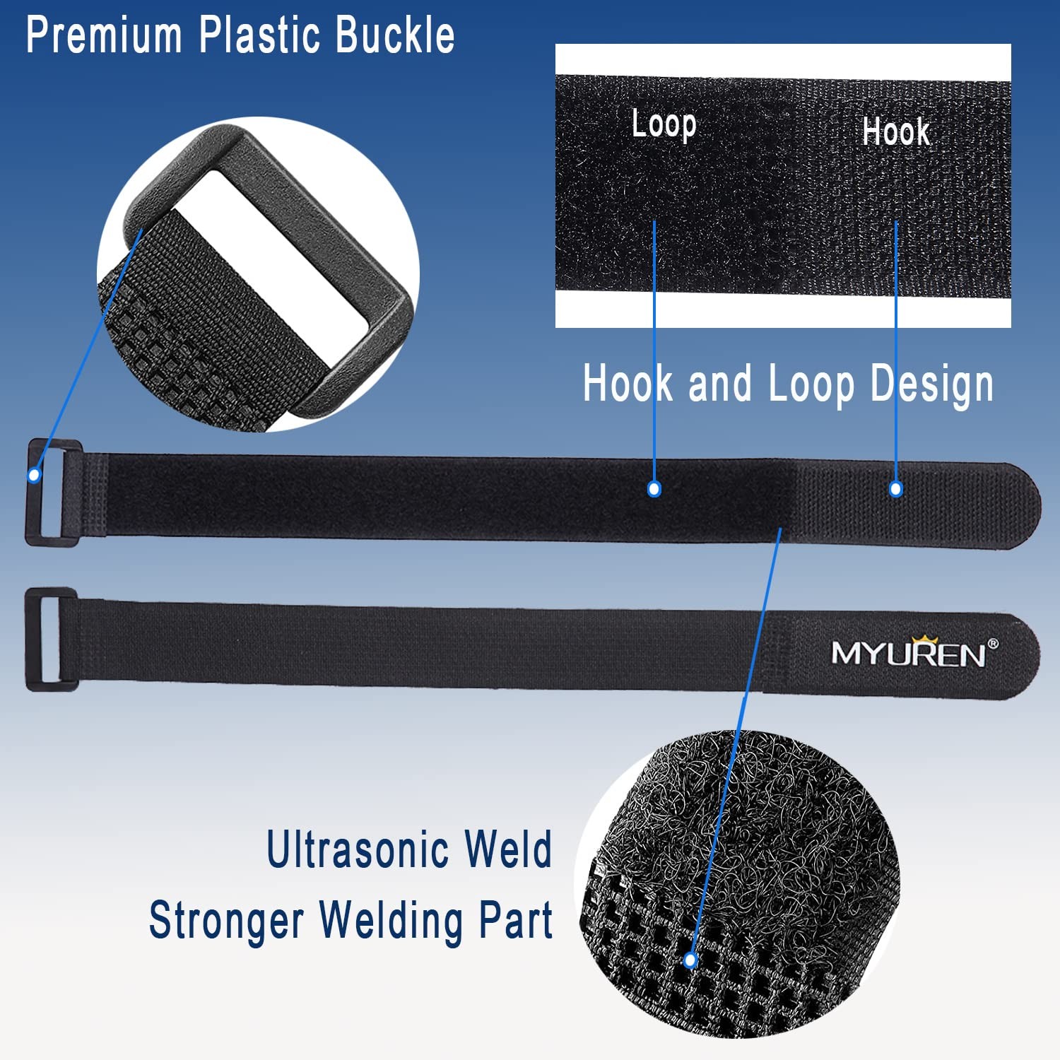 1″x 18″-12 Pack Reusable Fastening Cable Straps with Buckle 18″, Black