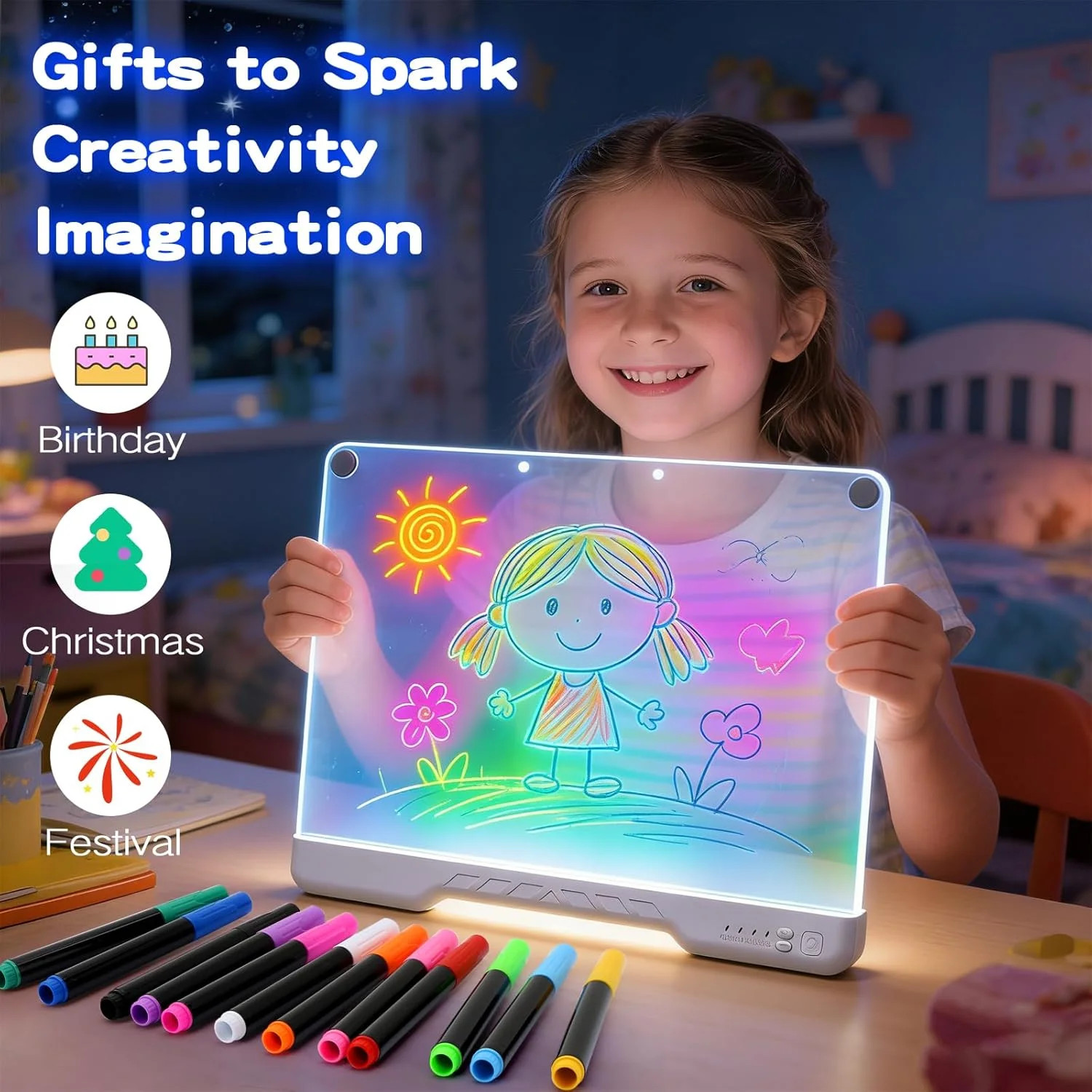 LED Light Board Drawing Pad for Kids, Rechargeable Glow Art Tablet with 12 Color