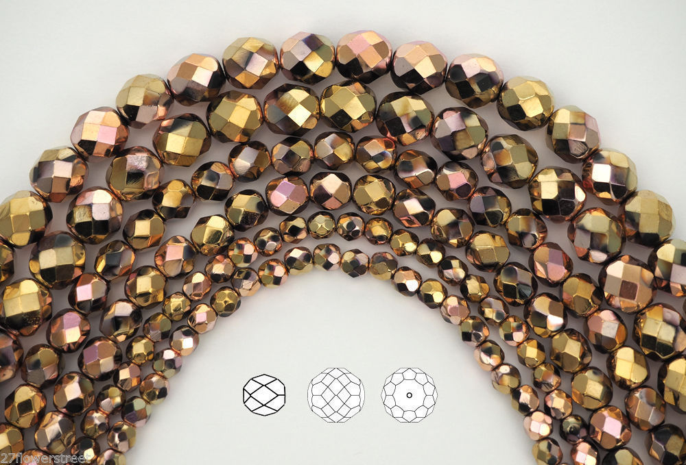 Czech Glass Fire Polished Round Beads, California Pink (Black Aurum Copper)