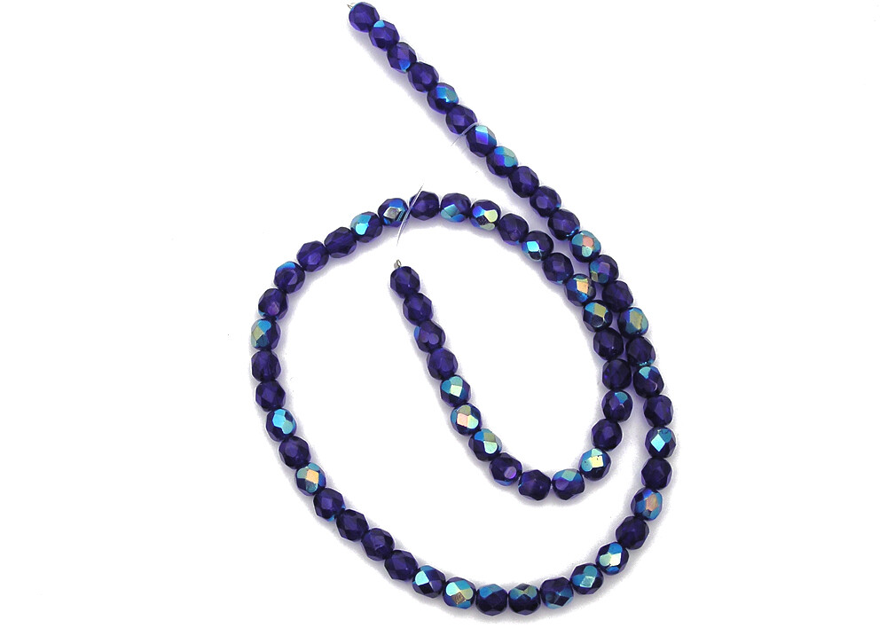 Czech Fire Polished Round Faceted Beads in Cobalt Blue AB coated 16″ strands