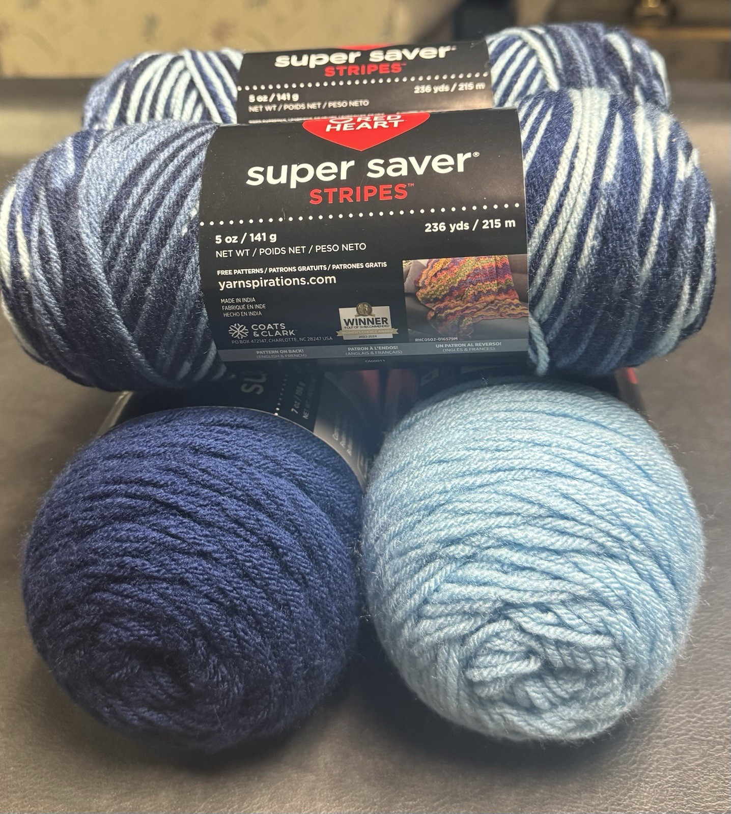 Red Heart Super Saver Shaded Dusk 5 Oz + Red Heart Soft Navy& Light Blue 7 Oz