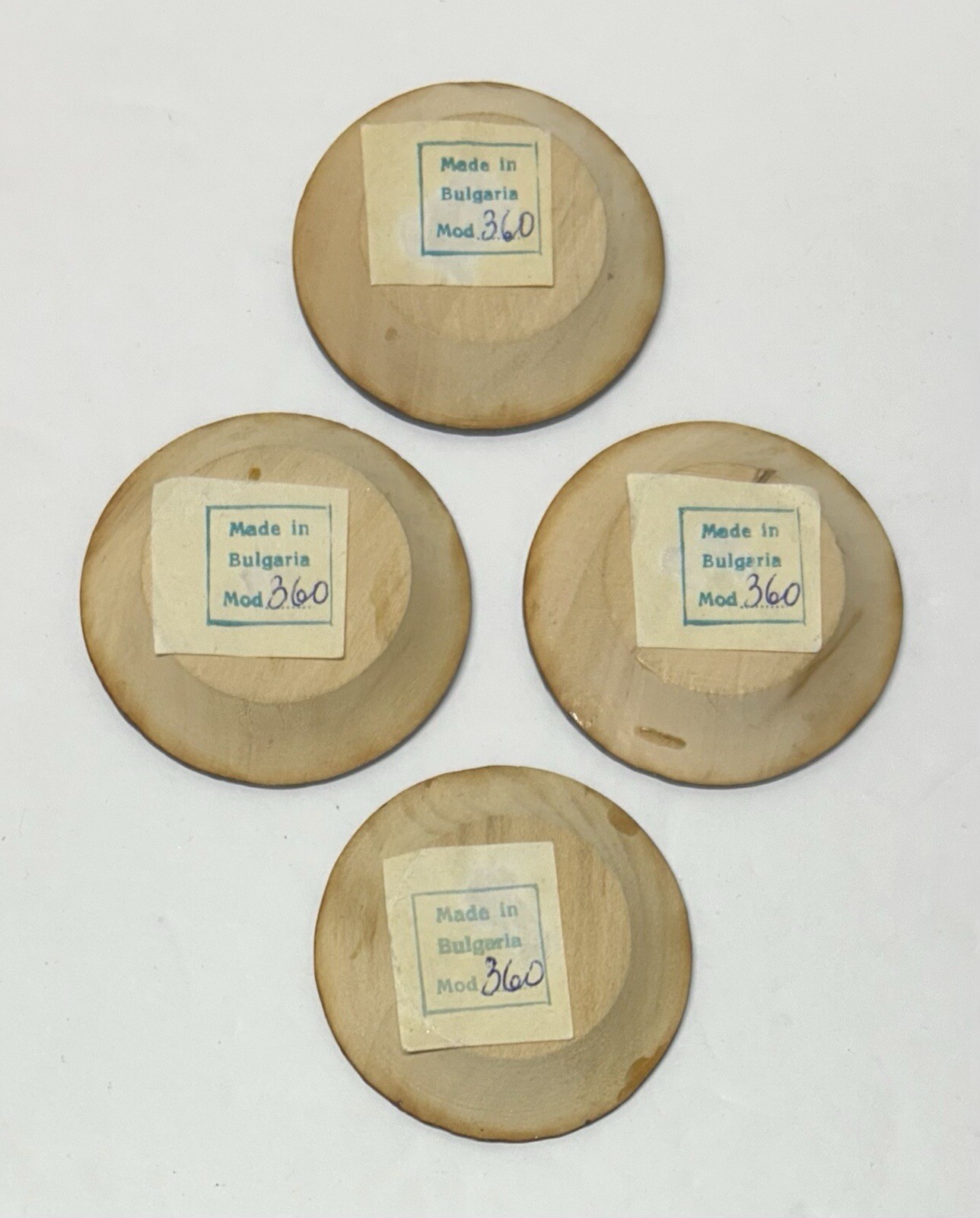 Vtg Small Wooden 3” Plates (4) Bulgaria Hand Carved/Painted Folk Motif