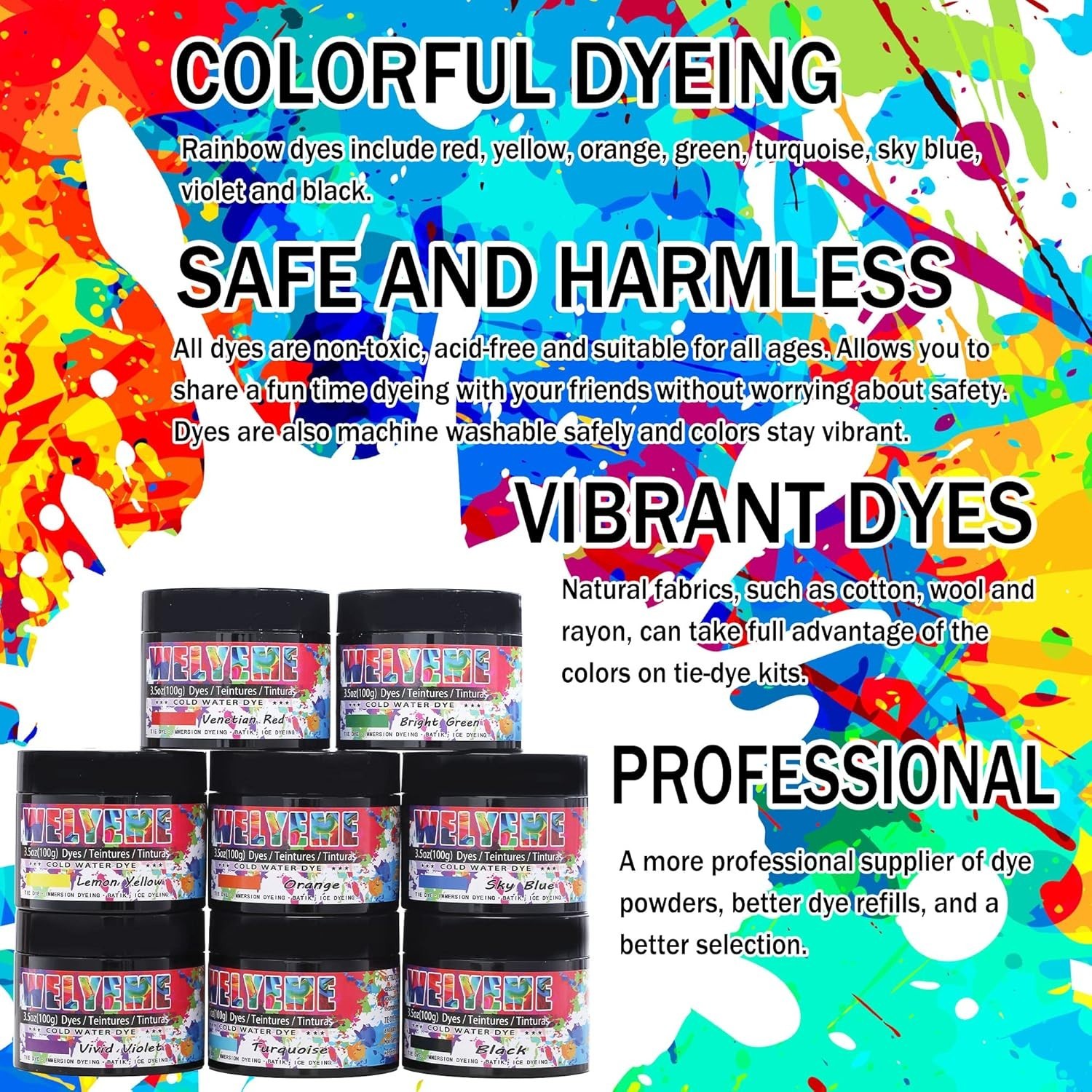 Professional-Grade Tie-Dye Powder, 8-Color Assortment